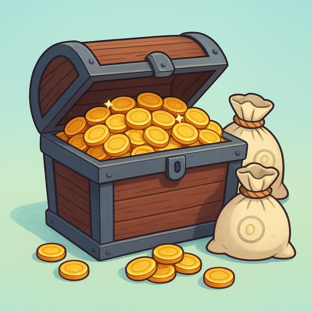 A large, sturdy wooden chest overflowing with shining gold coins and stacked money bags, representing a financial stock or reserve.