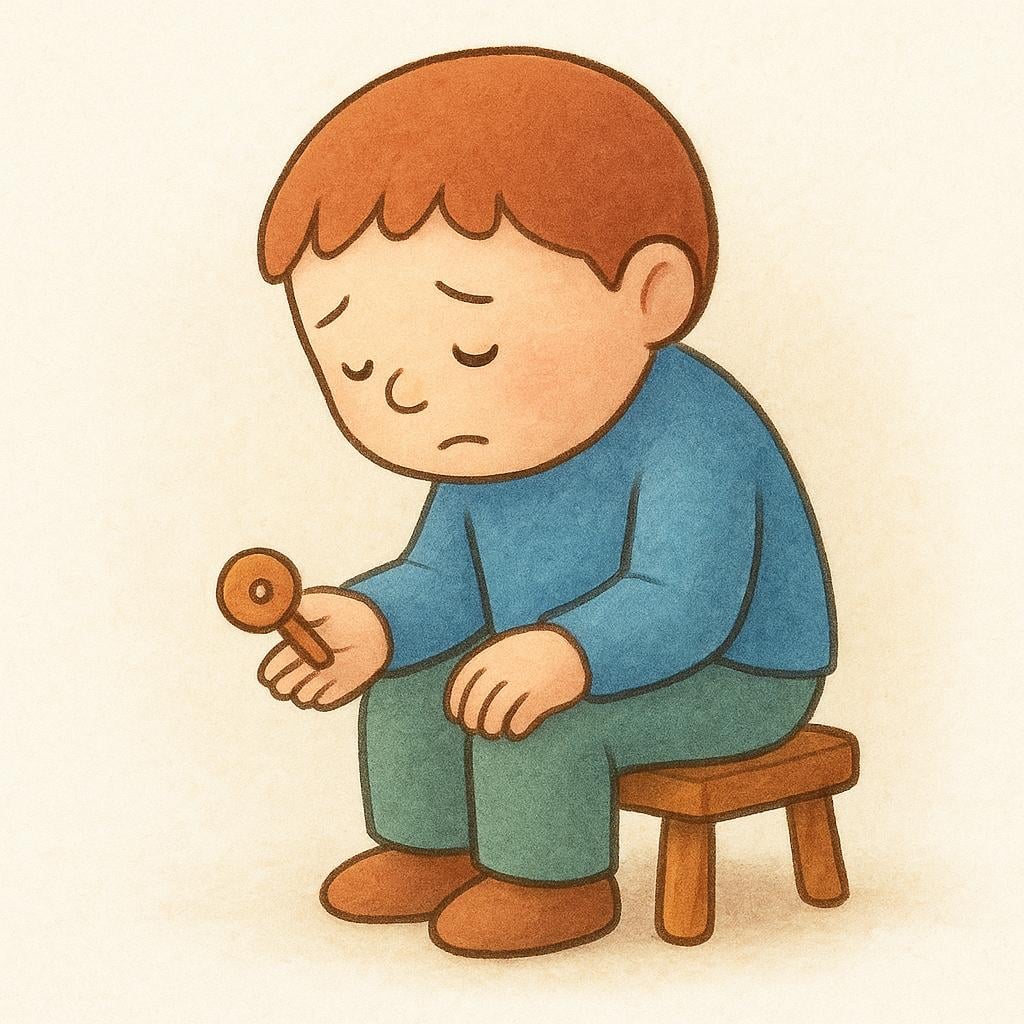 A solitary figure with a sad expression sitting on a stool, looking down at a broken toy piece held in their hand, conveying regret.