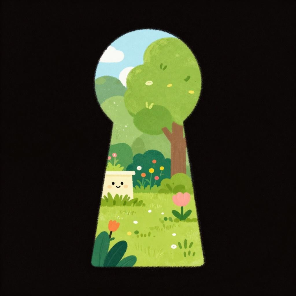 A small keyhole view showing a tiny glimpse of a lush garden behind a closed door.