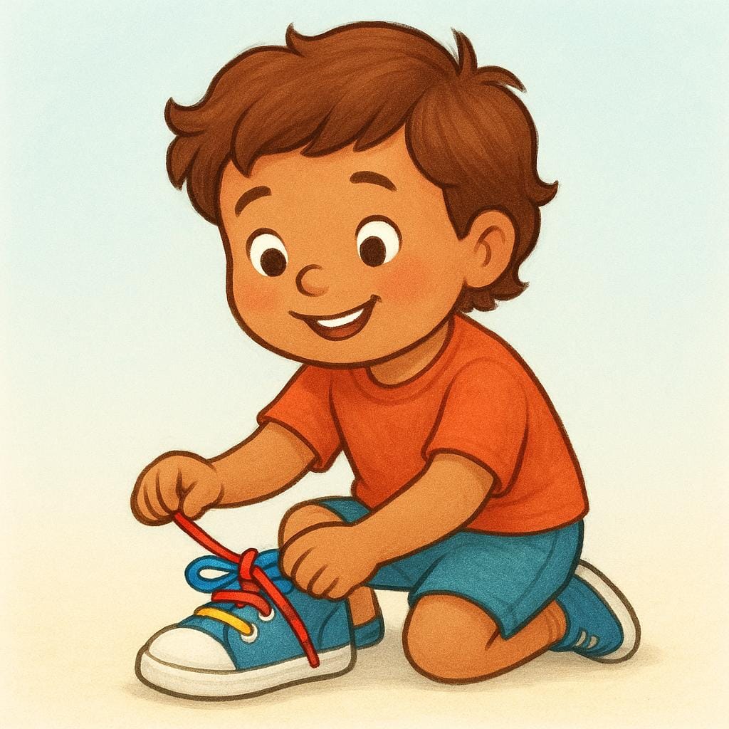 A colorful storybook illustration showing a child looking proud as they finish tying a brightly colored shoelace on their shoe, symbolizing learning a skill.