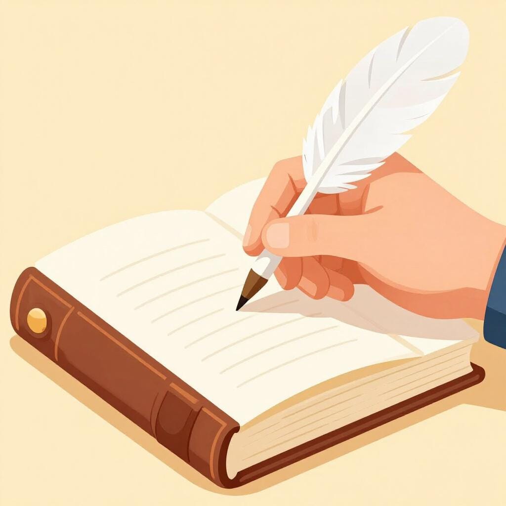 Eine Hand benutzt eine Schreibfeder, um sorgfältig in ein großes offenes Register mit leeren Zeilen zu schreiben.