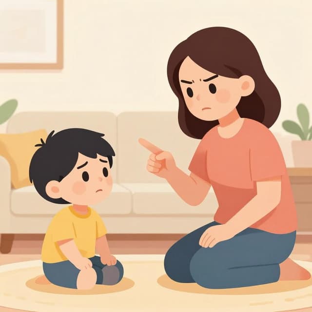 한 어머니가 손가락질을 하며 슬프게 고개를 숙이고 있는 아이에게 말하고 있다.