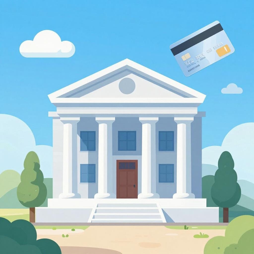 Een groot, professioneel gebouw met een kleurrijke creditcard die uit de voordeur komt.