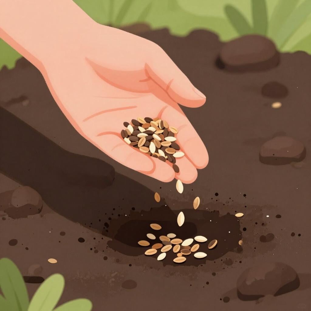 A hand dropping colorful flower seeds across a patch of brown soil in various directions.