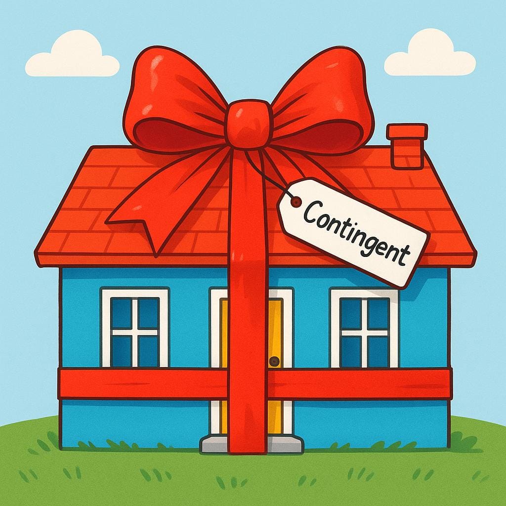 A simple, brightly colored house wrapped with a large red bow and ribbon, symbolizing it is subject to a condition or restriction.