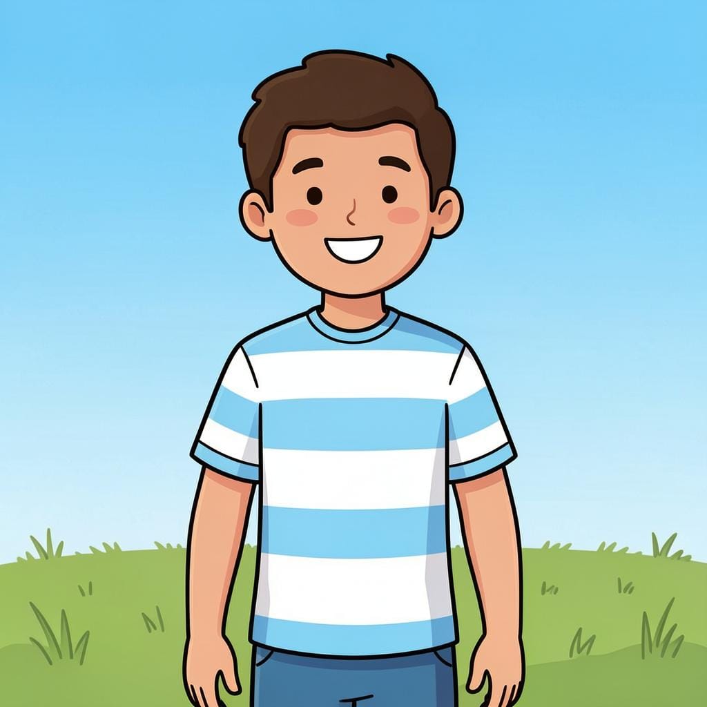 A person wearing a light blue and white striped shirt holding a small sun emblem.