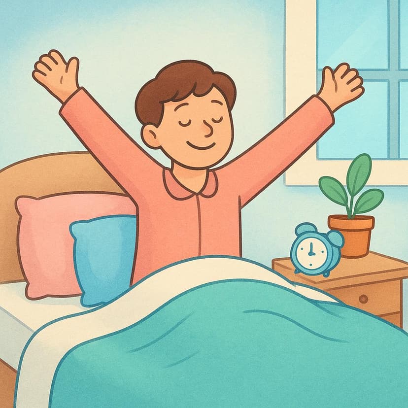 A happy person sitting up in a bright bed, stretching their arms wide after waking up.