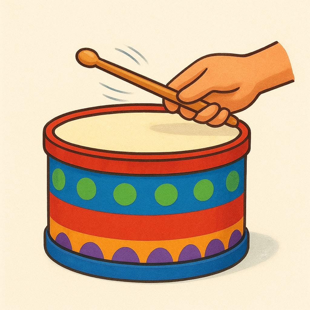 A close-up view of a hand holding a drumstick striking the surface of a vibrant, colorful drum.