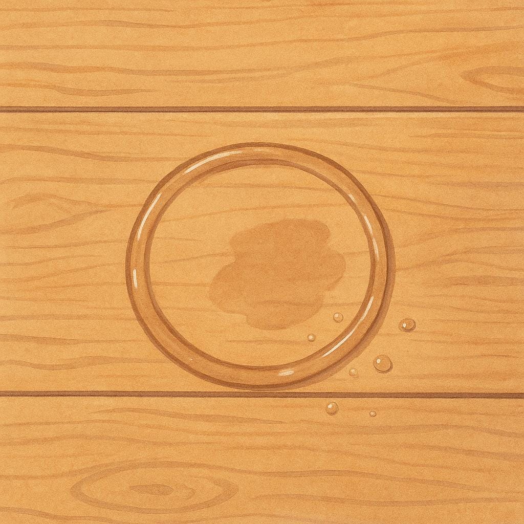 Une tache circulaire visible de marque d'eau laissée sur une surface de table en bois uni.