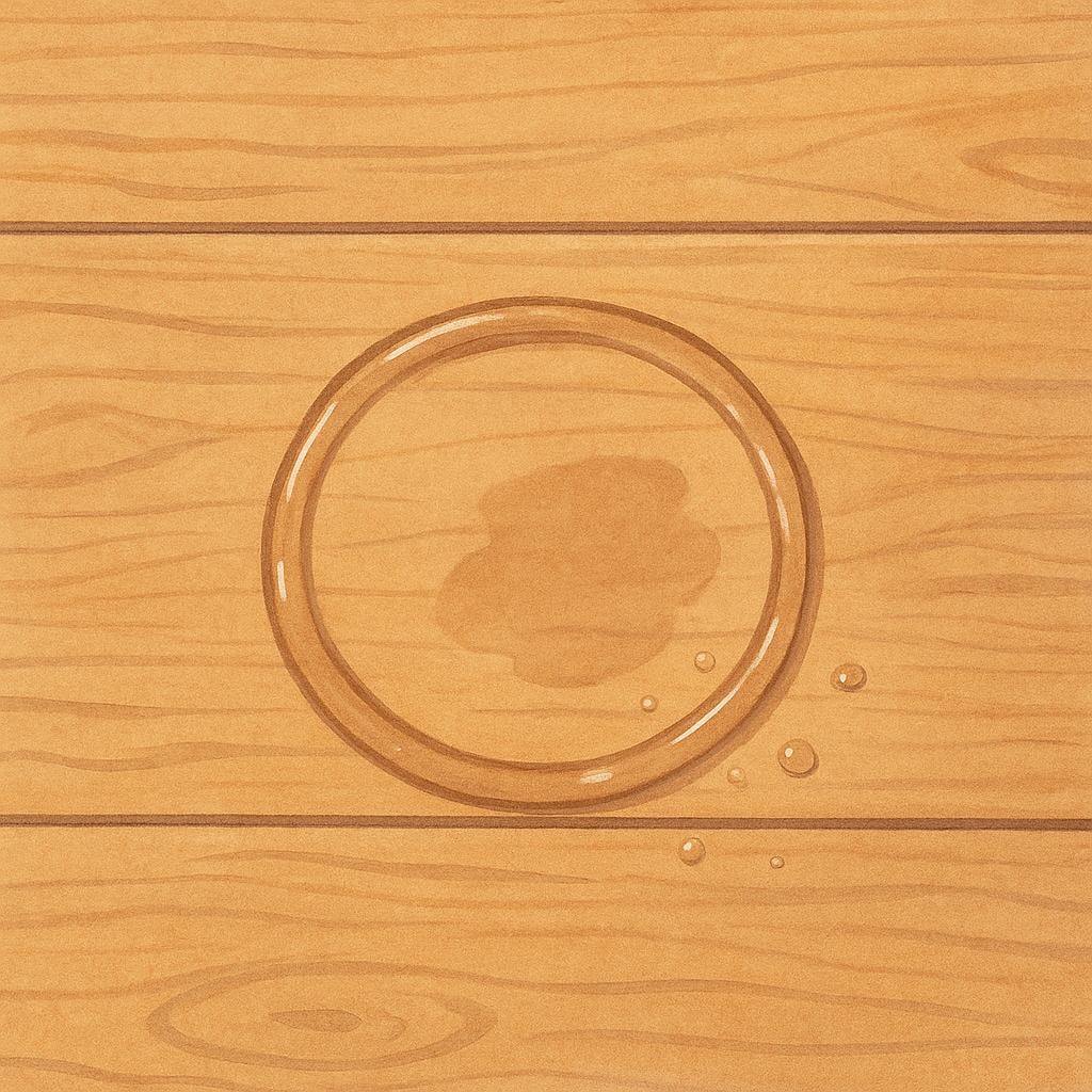A visible, circular water ring stain left on a plain wooden table surface.