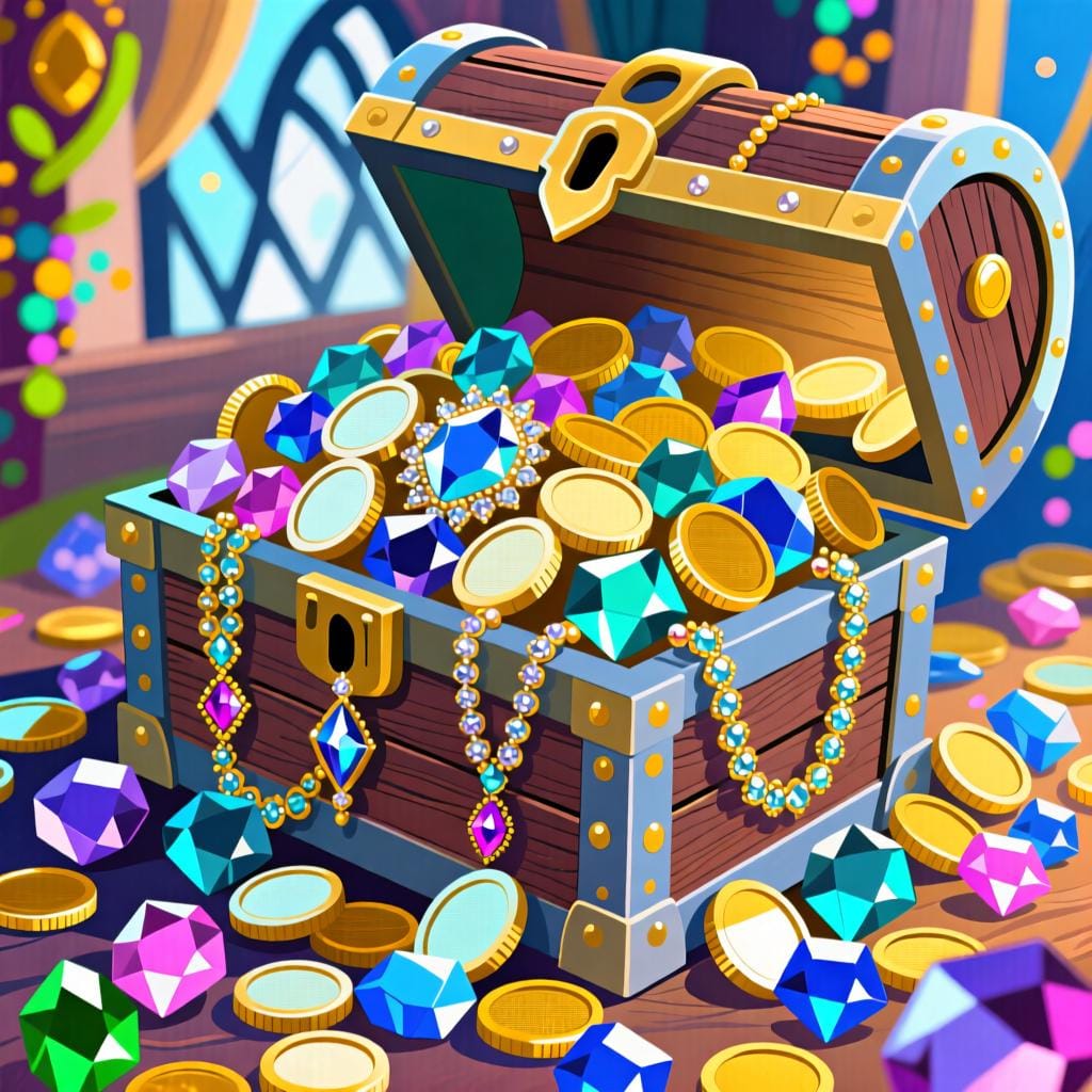 A treasure chest overflowing with gold coins and jewels, representing financial assets or credit balance.
