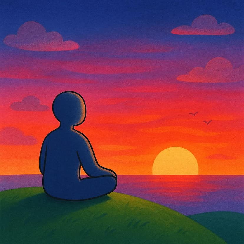 A simplified figure sitting calmly on a green hill watching a peaceful, colorful sunset on the horizon.