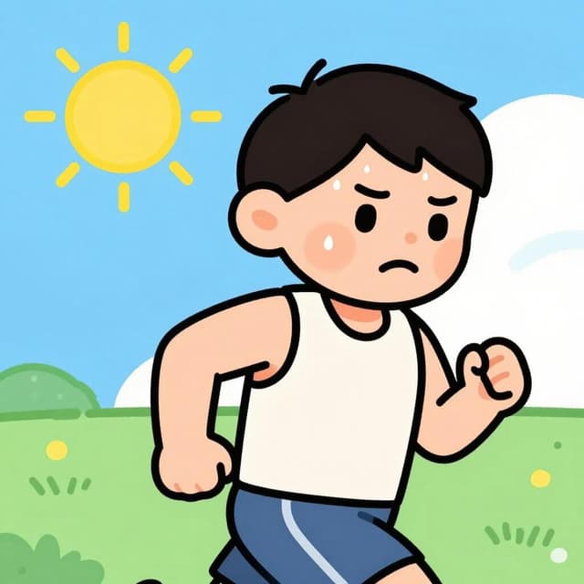 A person with shiny beads of sweat on their forehead while running.