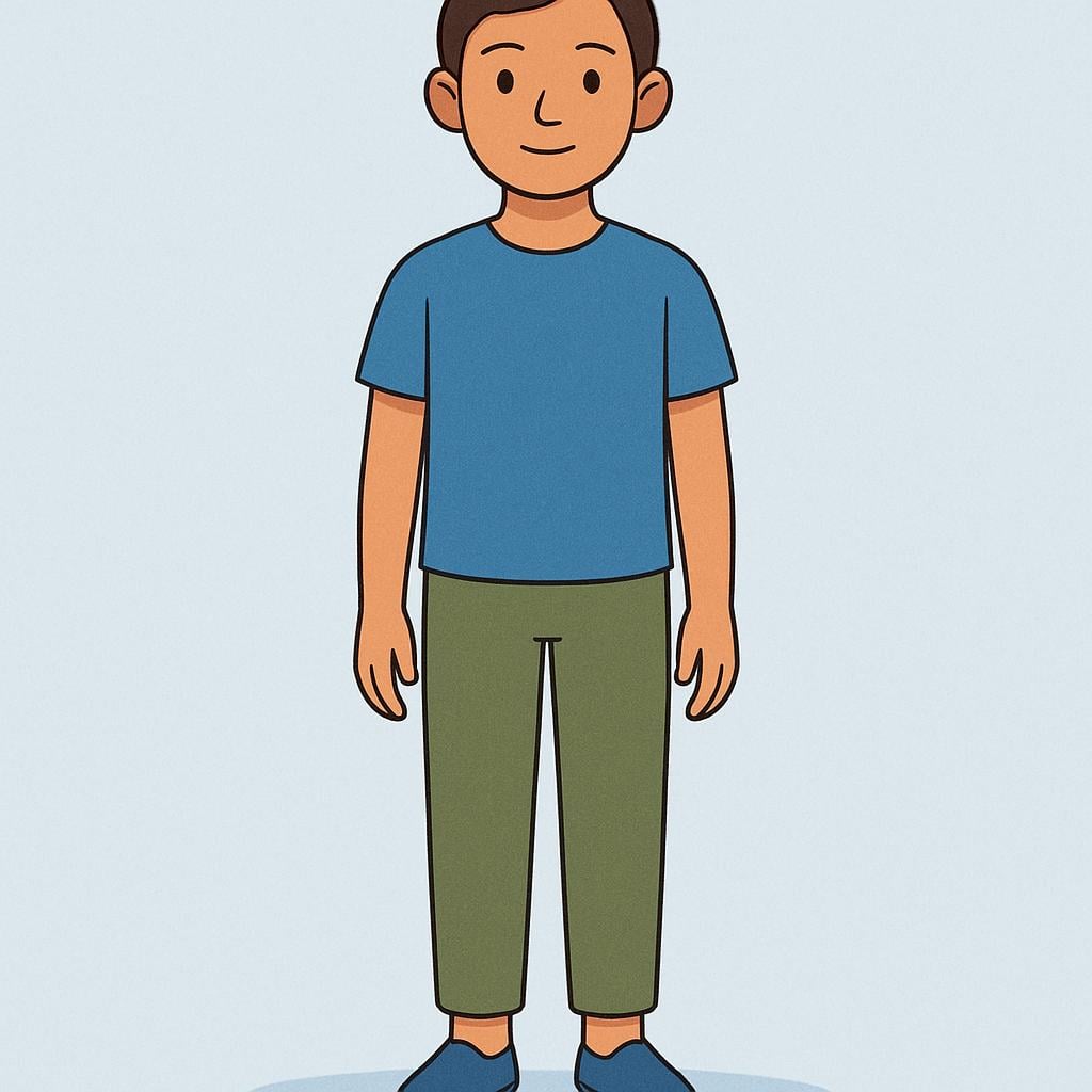 A person standing perfectly straight and upright with their hands relaxed at their sides, demonstrating good physical stance.