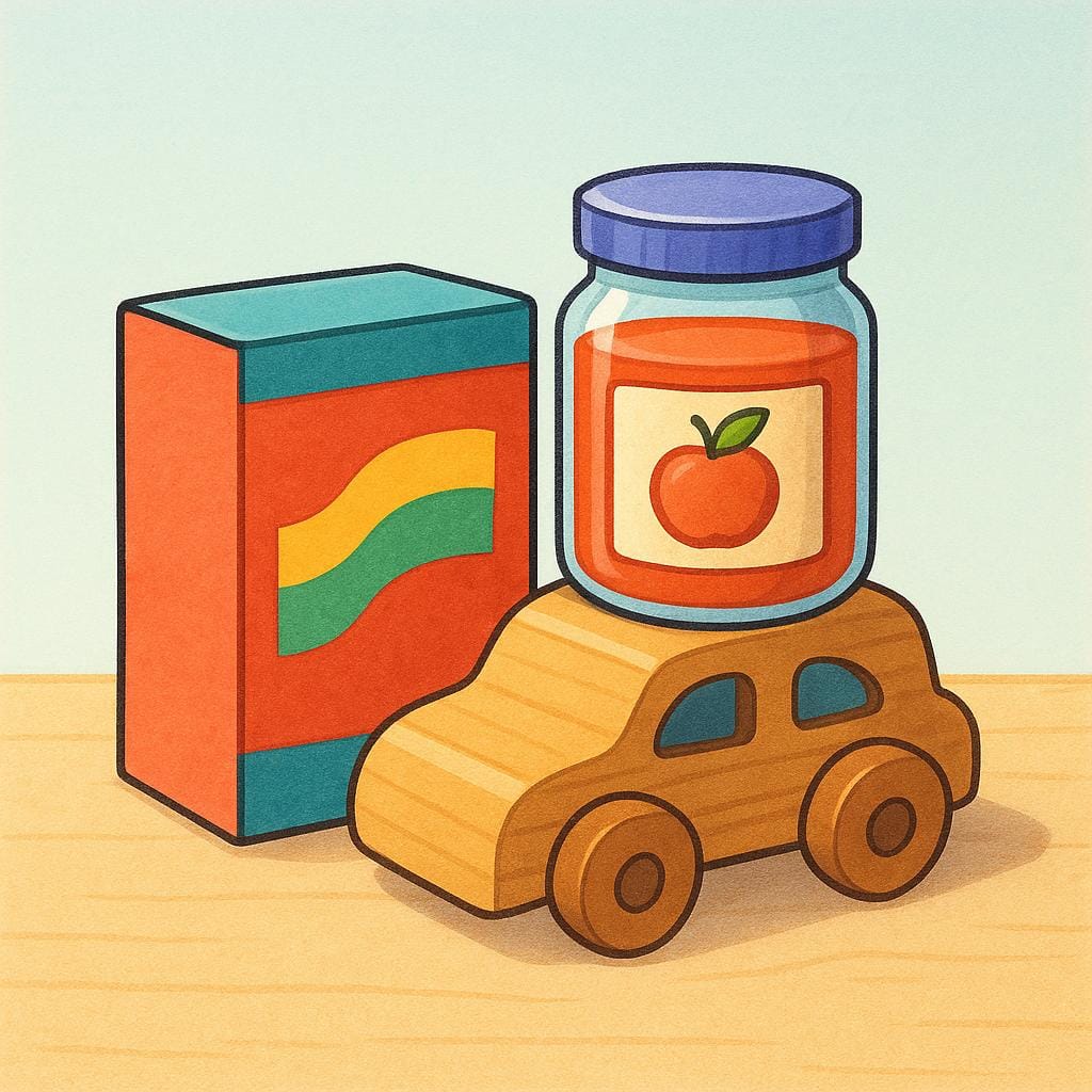 A colorful assortment of packaged consumer goods displayed neatly, including a brightly colored box, a jar, and a simple wooden toy car.