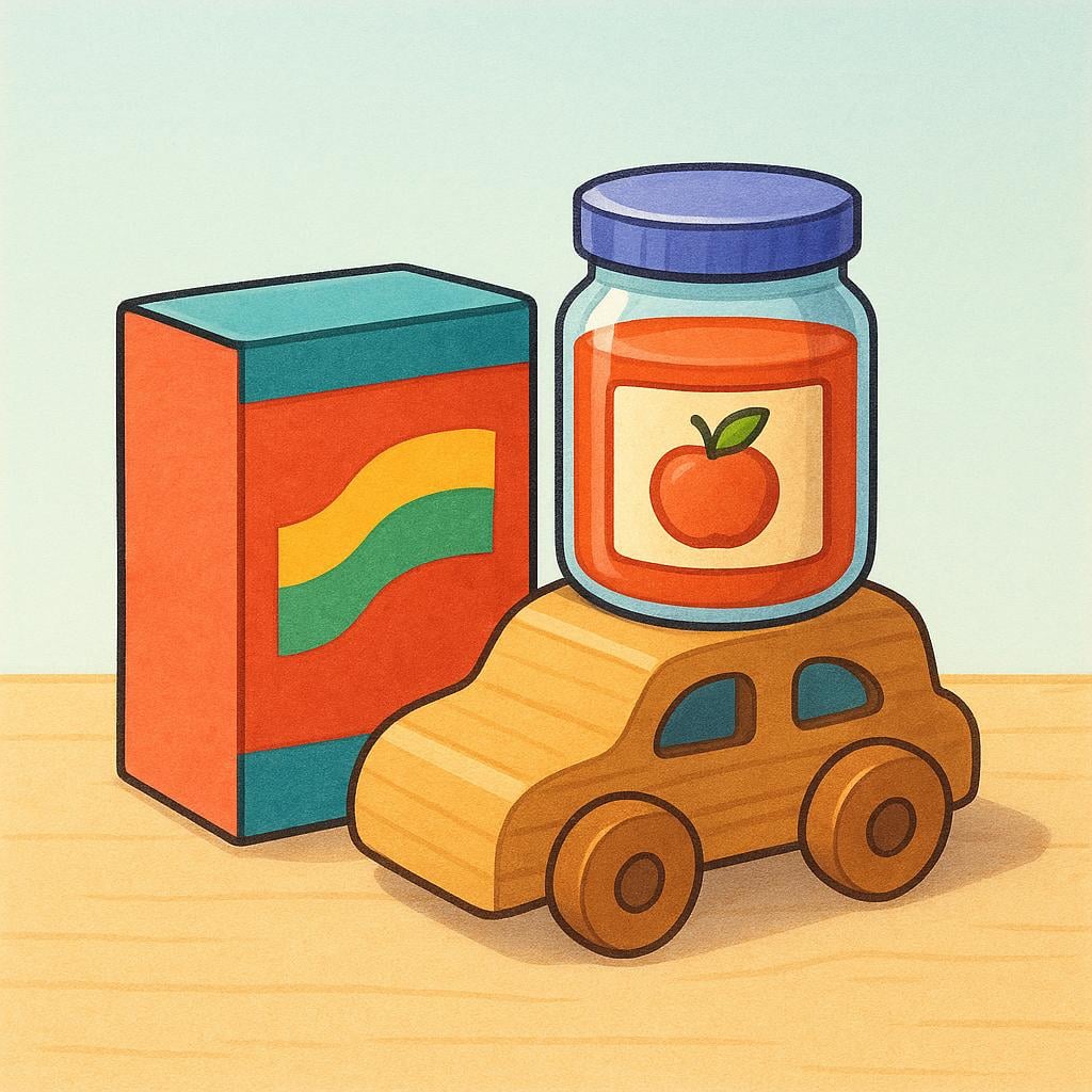 A colorful assortment of packaged consumer goods displayed neatly, including a brightly colored box, a jar, and a simple wooden toy car.