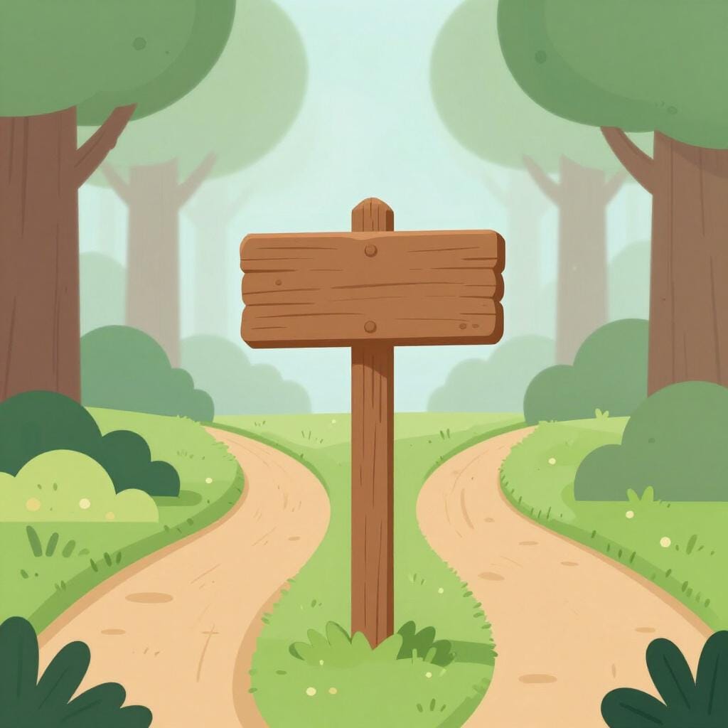 A wooden signpost at a fork in a path pointing in two different directions, both paths leading into a thick, colorful mist.