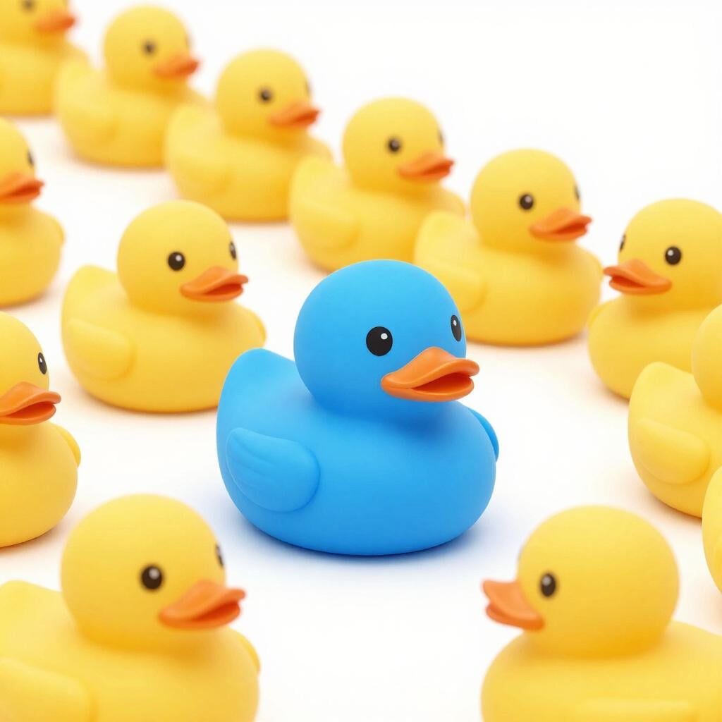 A row of identical yellow rubber ducks with one bright blue rubber duck in the middle.