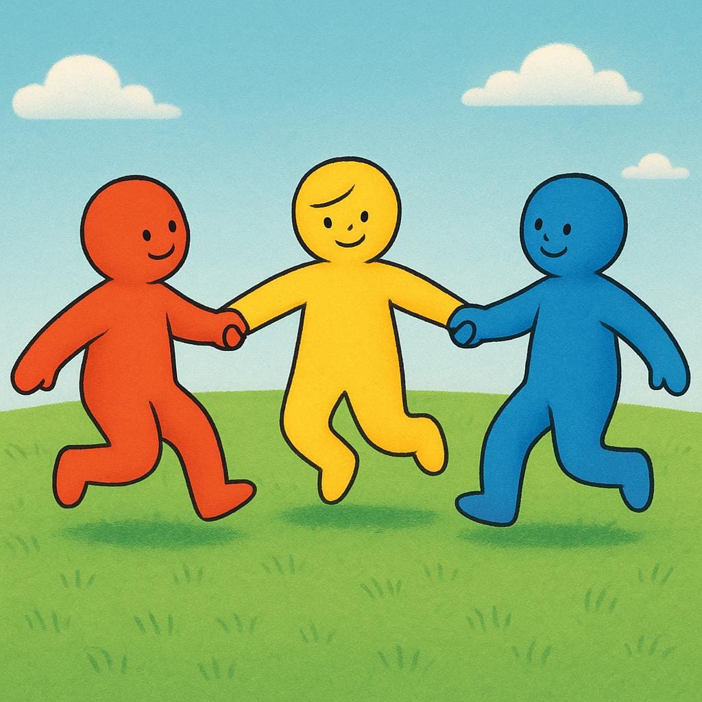 Three stylized figures (one red, one yellow, one blue) holding hands and skipping joyfully in a perfect closed circle on a green grassy field, performing a circle dance.
