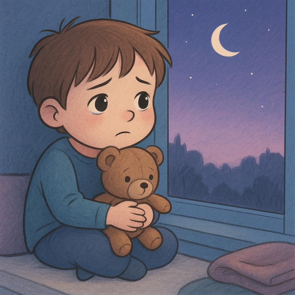 A small child sitting alone on a window sill, hugging a teddy bear and looking outside with a sad, longing expression.