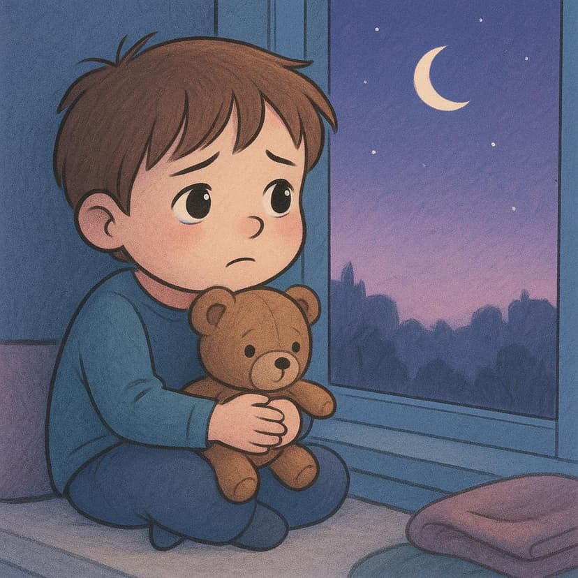 A small child sitting alone on a window sill, hugging a teddy bear and looking outside with a sad, longing expression.