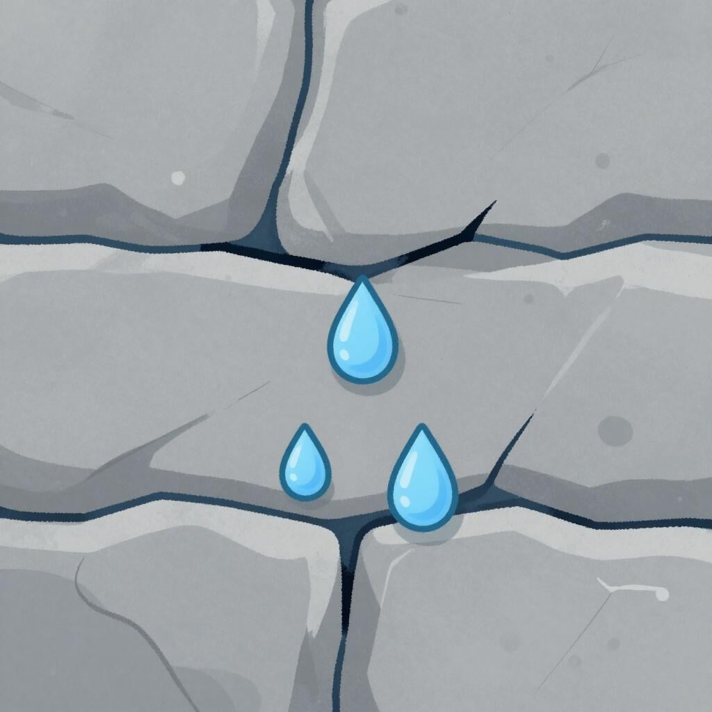 Blue water droplets soaking into the cracks of a dry stone wall.