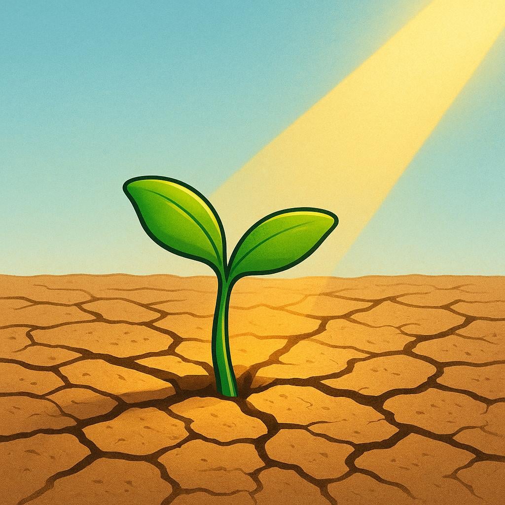 A close-up illustration showing a small, bright green plant sprout emerging from dry, cracked brown soil, reaching toward a warm, golden sunbeam.