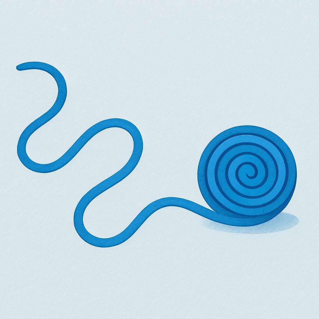 A very long, winding piece of blue string is being coiled neatly into a small, compact ball of string, representing the shortening of a text.
