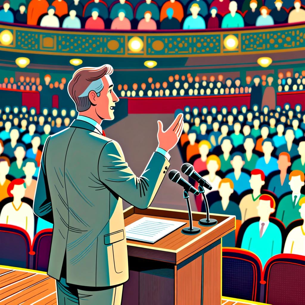 A political leader standing at a podium with microphones, addressing a large, blurred crowd of people.