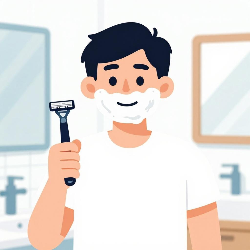 A man applying shaving cream to his face in front of a bathroom sink.