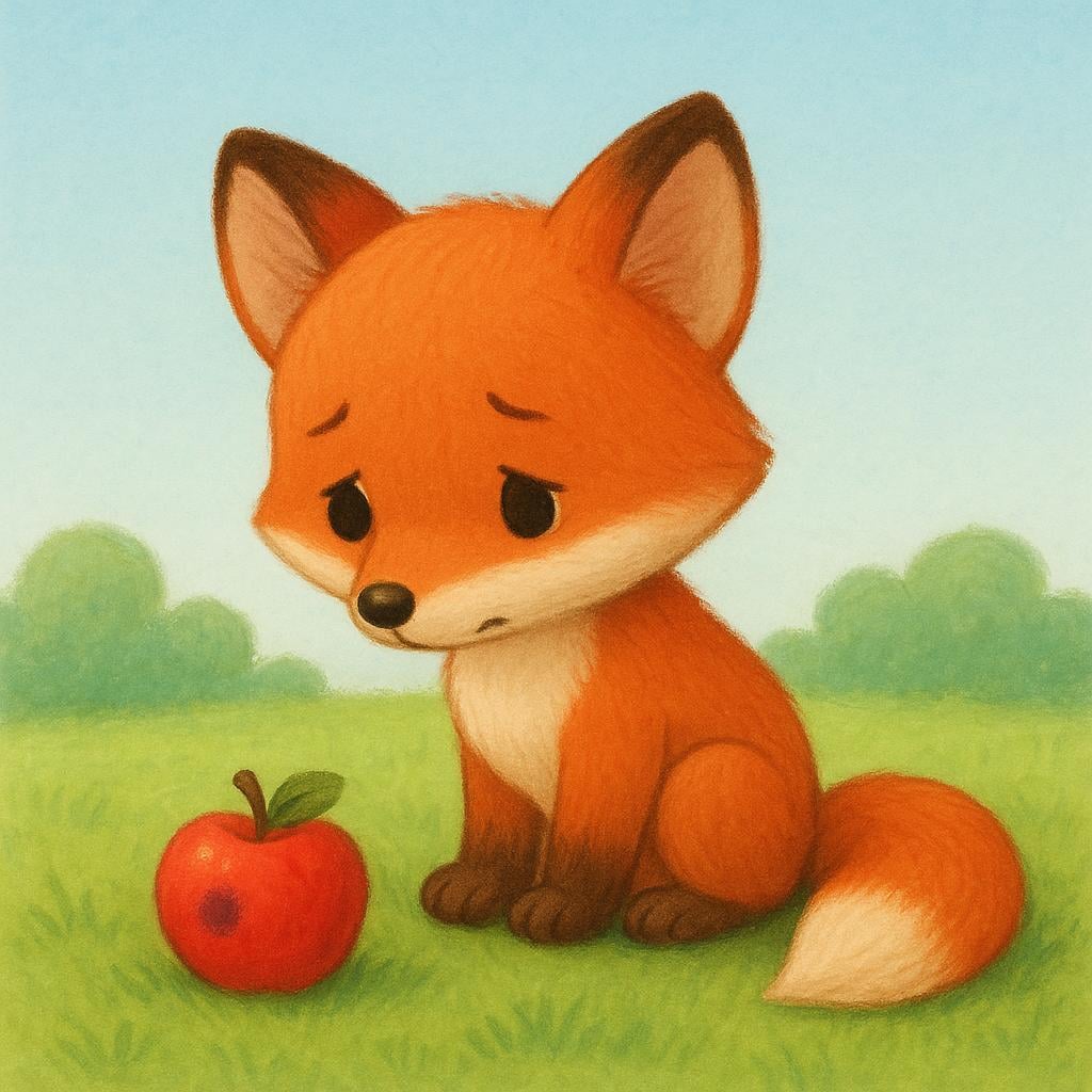 A storybook illustration showing a small, friendly fox cub sitting on green grass, looking sadly down at a single, slightly bruised red apple lying beside it, symbolizing regret over a missed opportunity.
