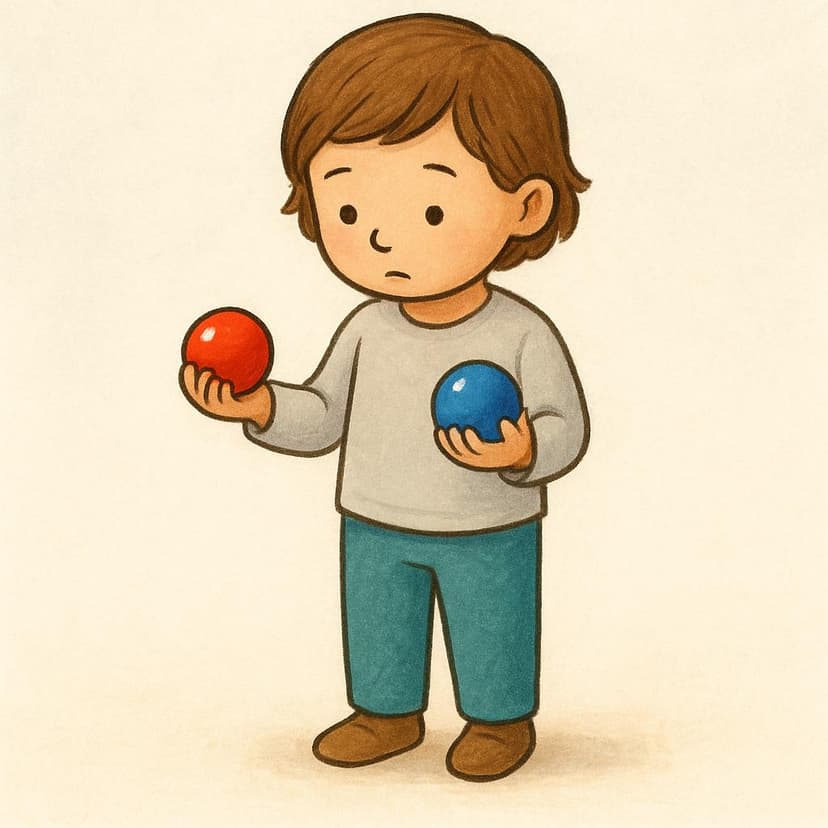 A young child standing and holding two different objects, a small red ball and a small blue ball, looking thoughtfully between them, indicating a finished action of comparison.