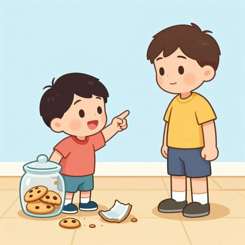 Un enfant montre du doigt un autre enfant debout à côté d'un pot de biscuits renversé.