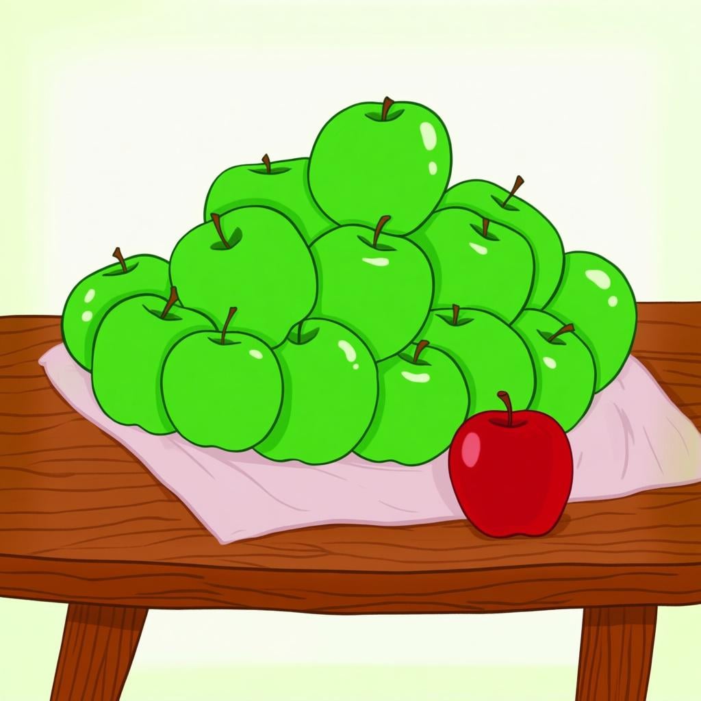 A single bright red apple placed far away from a large pile of identical green apples on a wooden table.