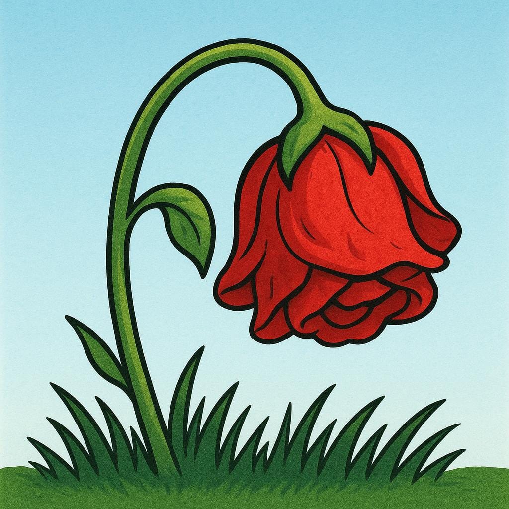 A single, vibrant red rose, completely wilted and drooping its head down onto a patch of dark green grass.
