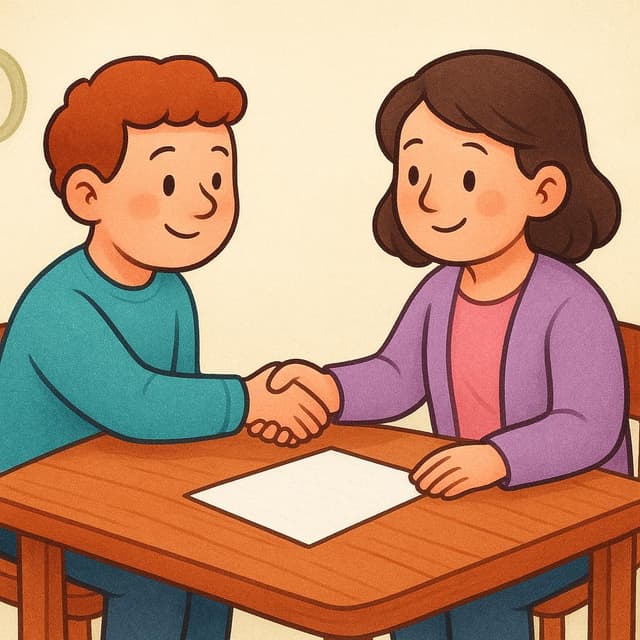 Deux personnages de dessin animé assis l'un en face de l'autre à une petite table en bois, se serrant la main au-dessus d'un document, symbolisant une négociation réussie.