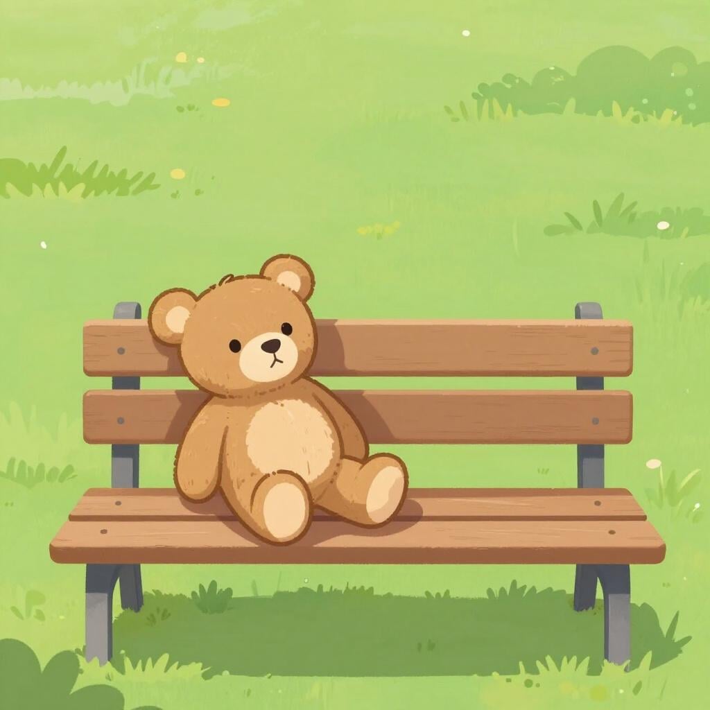 A single, worn-out teddy bear sitting alone on a wooden bench in an empty park.