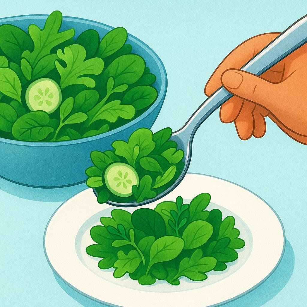 Una mano che usa un cucchiaio d'argento per prendere insalata da una grande ciotola su un piatto.