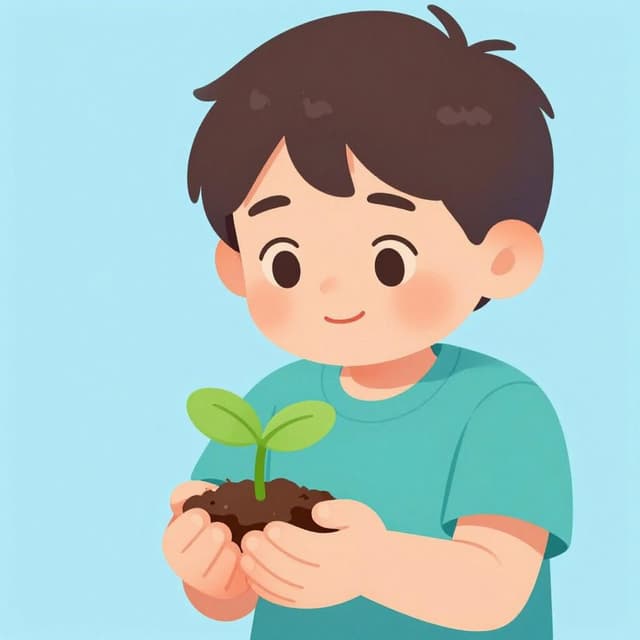 A child carefully holding a small, glowing plant with both hands, looking at it with admiration.