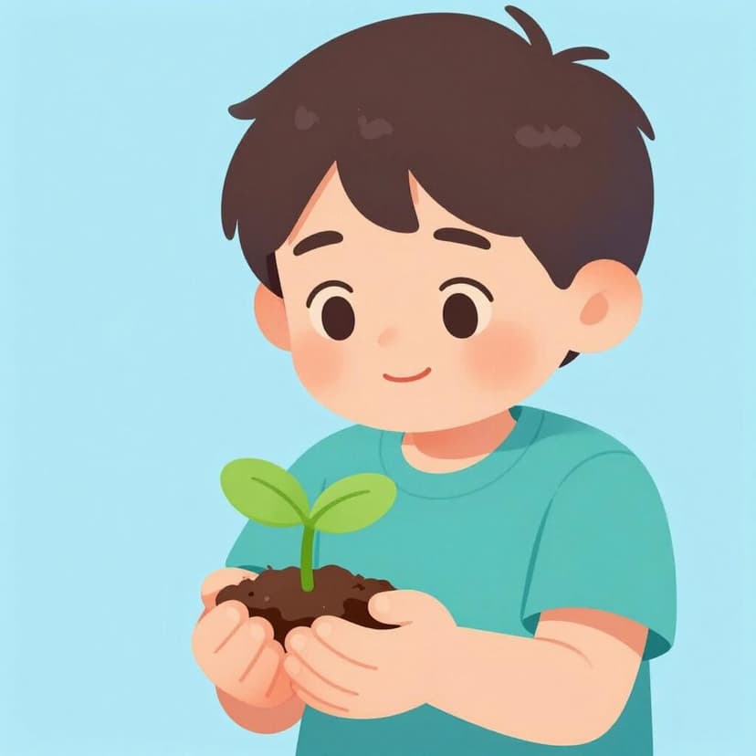A child carefully holding a small, glowing plant with both hands, looking at it with admiration.