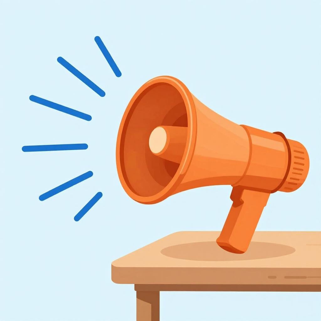 Un mégaphone coloré sur un support avec des ondes sonores qui en sortent, symbolisant une annonce publique.