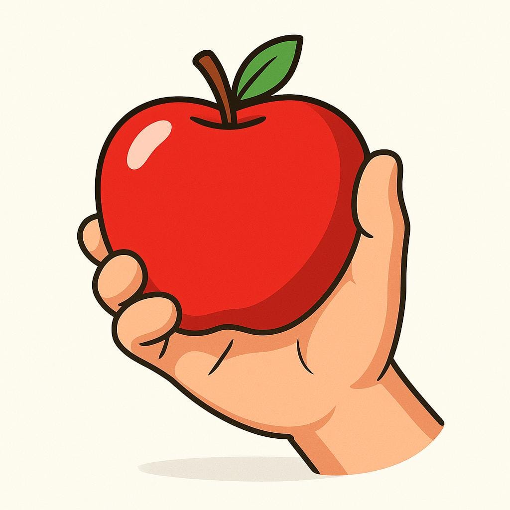 A simplified cartoon hand firmly grasping a large, bright red apple, demonstrating holding an object.