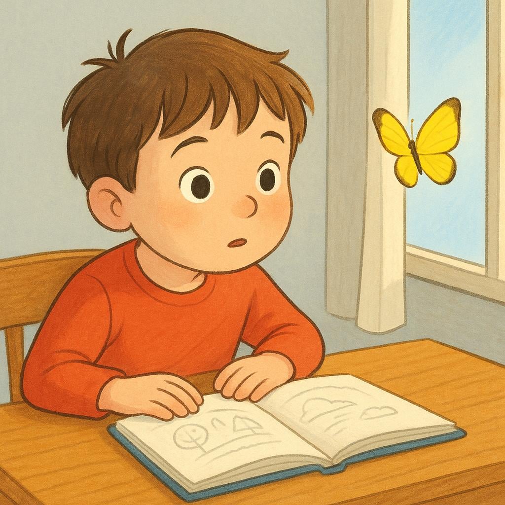 A young child sitting at a wooden desk with an open book, but their gaze is completely averted, focused instead on a colorful butterfly fluttering near the window, illustrating distraction or lack of attention.