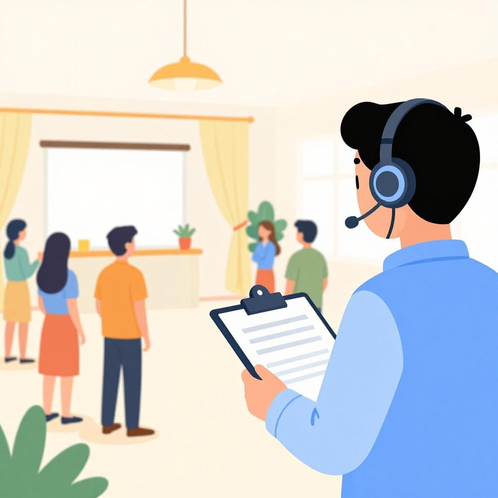 A person standing in front of a group of people, holding a clipboard and pointing towards a stage.