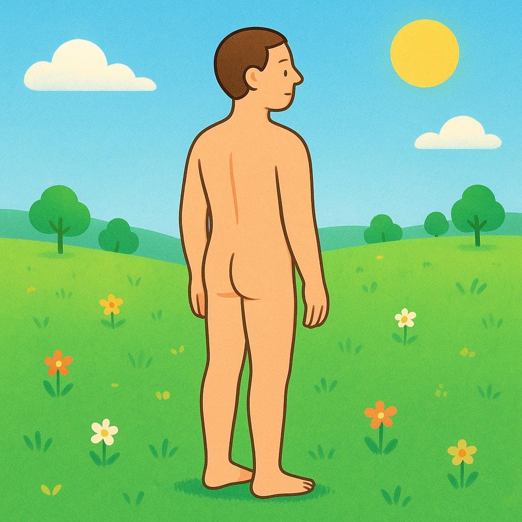 A simple storybook illustration of a human figure standing outdoors in a green field, clearly without any clothing.
