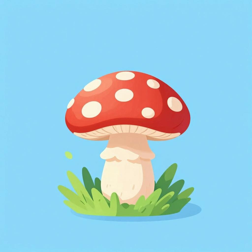 A single red mushroom with white spots growing in a patch of green grass.