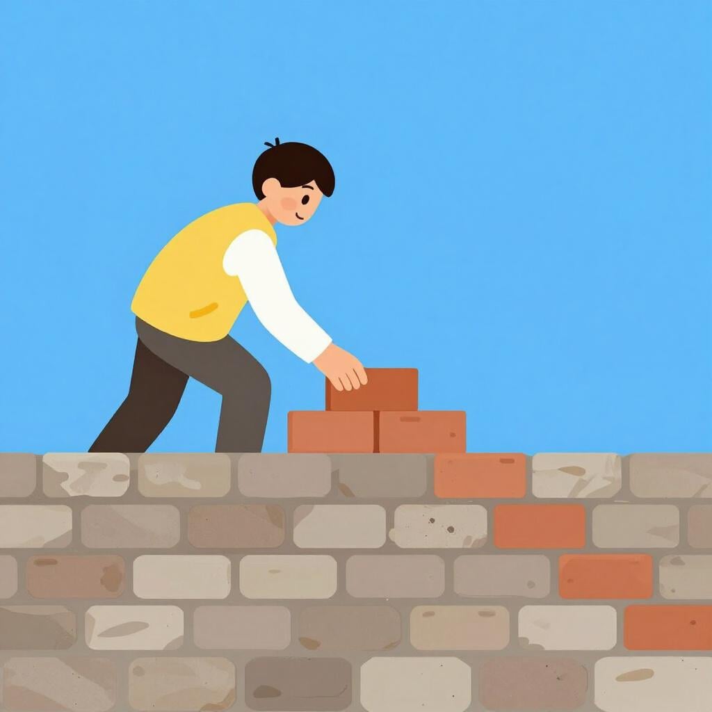 Ein Bauarbeiter stapelt Ziegel, um eine hohe Steinmauer zu bauen.