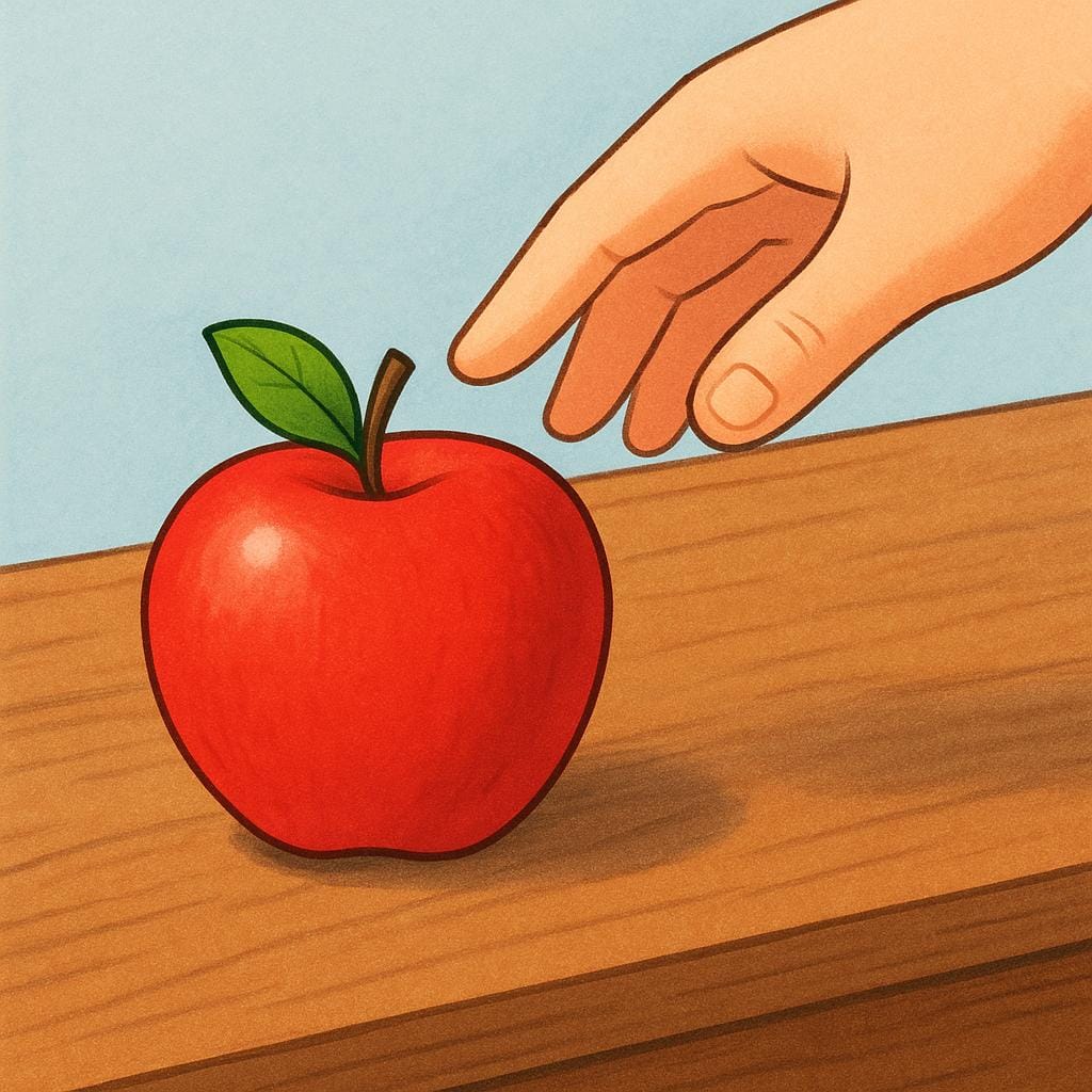 Uma ilustração de livro infantil de alta qualidade mostrando uma mão colocando suavemente uma única maçã vermelha brilhante sobre uma bancada de cozinha de madeira limpa.