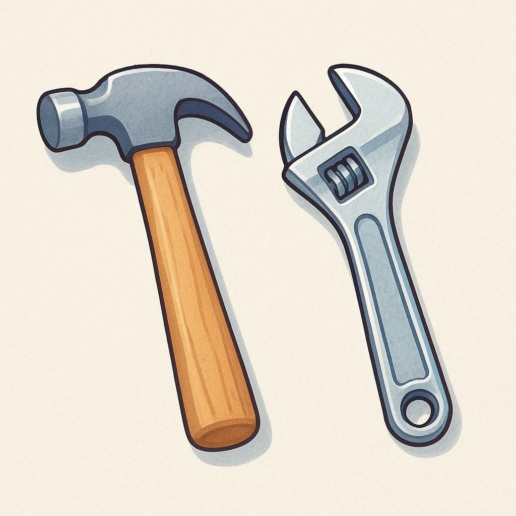 A simple illustration of common hand tools, specifically a wooden-handled hammer and a silver adjustable wrench lying side by side.