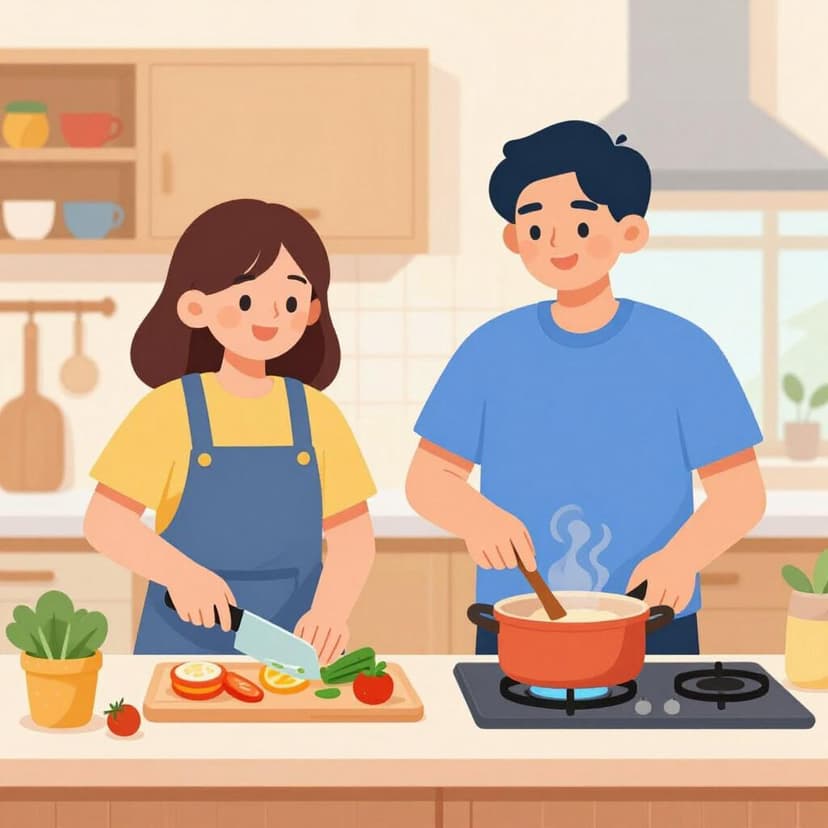 Two friendly roommates cooking a meal together in a bright, cozy kitchen.